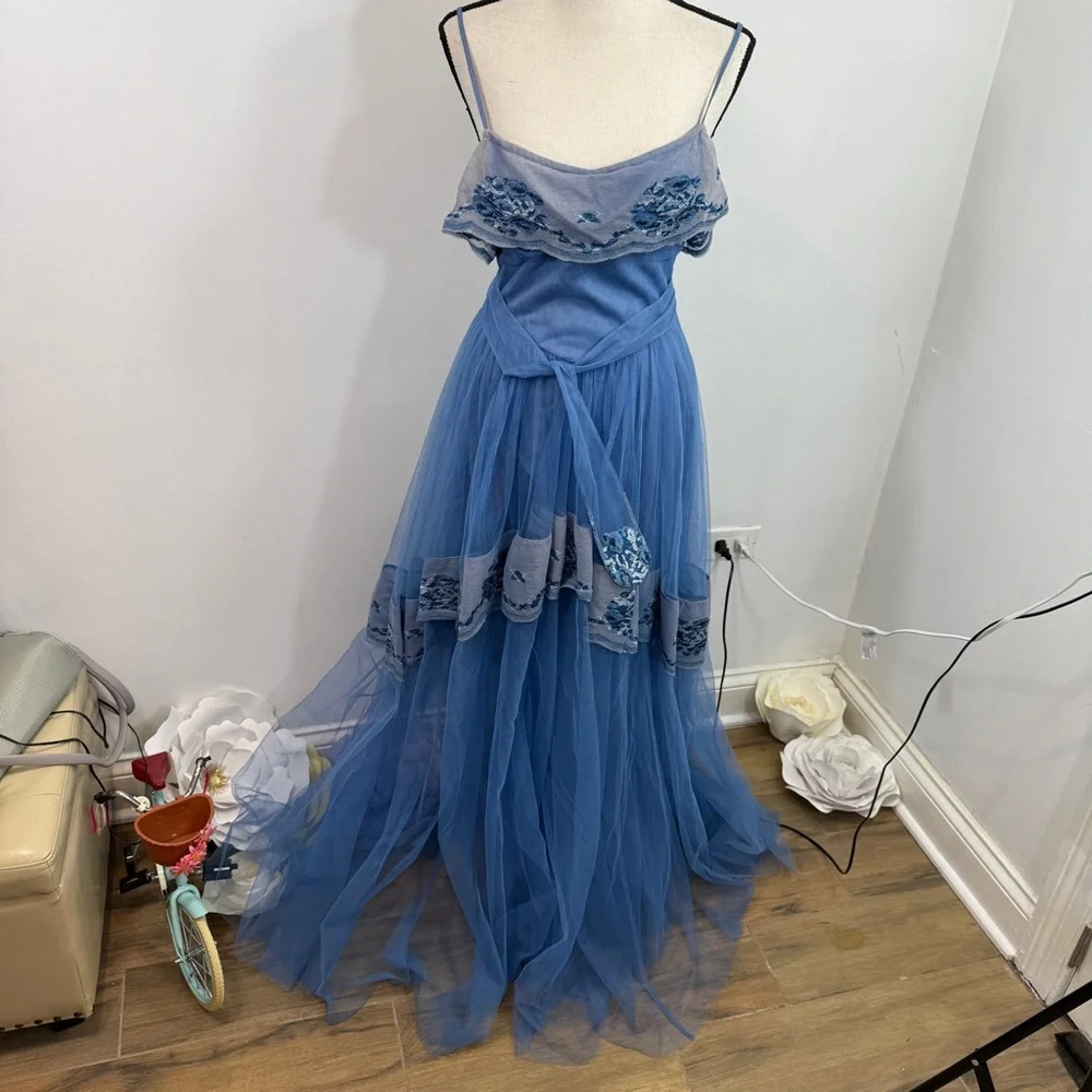 LoveShackFancy Avianna Dusty Blue Embroidered Tulle Maxi Dress